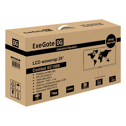 Монитор игровой 200 Гц 29" ExeGate Combat EC1500 (IPS LED Grade A+, 2K, 2560x1080@200Гц (WFHD), 21:9, 250 cd/m2, 1000:1, 178°/178°, 1ms, Speakers, 2xH
