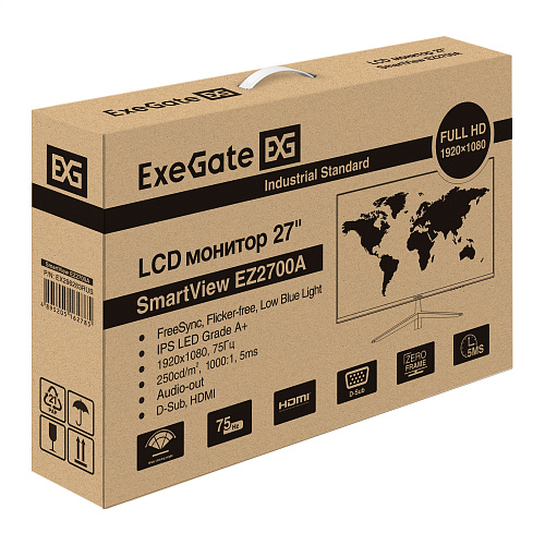 Монитор безрамочный с аудио выходом 27" ExeGate SmartView EZ2700A (IPS LED Grade A+, FHD, 1920x1080@75Гц, 16:9, 250cd/m2, 1000:1, 178°/178°, 5ms, D-Su
