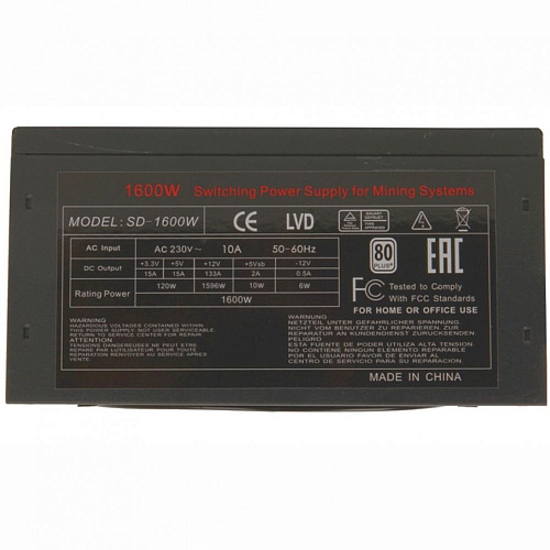 Блок питания R-Senda R-Senda SD-1600W, 1600W Mining PSU, 8pin(4+4pin)*1pc, 24pin*1pc, 6+2pin *12pcs, sata*8pcs, molex*6pcs, Efficiency:86% , White box