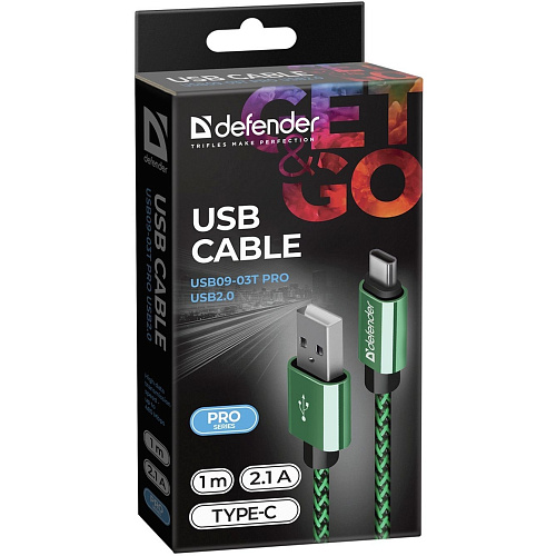 Defender USB кабель USB09-03T PRO USB2.0 Зеленый, AM-Type-C, 1m, 2.1A (87816)