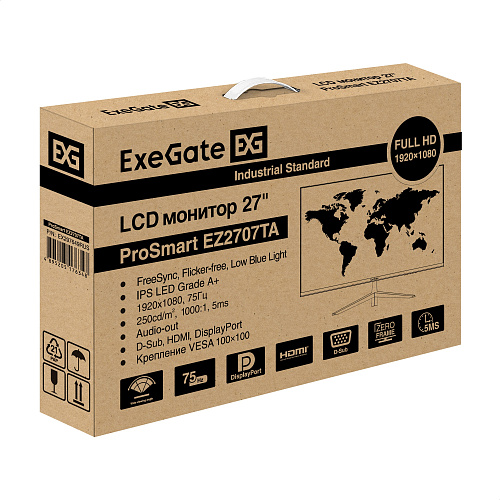 Монитор безрамочный с аудио выходом 27" ExeGate ProSmart EZ2707TA (IPS LED Grade A+, FHD, 1920x1080@75Гц, 16:9, 250cd/m2, 1000:1, 178°/178°, 5ms, D-Su