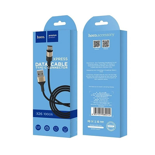 HOCO HC-80244 X26/ USB кабель Type-C/ 1m/ 2A/ Нейлон/ Black&Gold