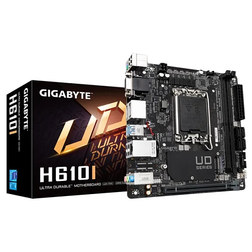 Материнская плата GIGABYTE H610I, LGA1700, H610, 2*DDR5, 4*SATA, 1*M.2, 2*USB 3.2, 4*USB 2.0, 1*PCIx16, 2*DP+D-Sub+HDMI, mITX