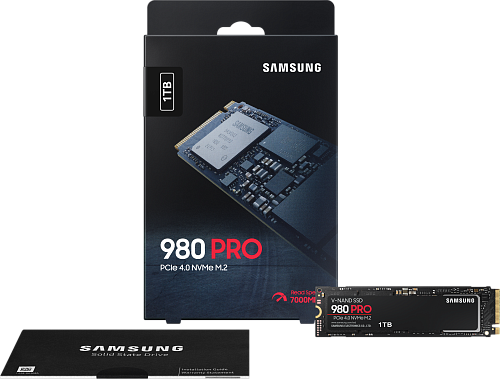 Твердотельные накопители/ Samsung SSD 980 PRO, 1000GB, M.2(22x80mm), NVMe 1.3c, PCIe 4.0 x4, 3-bit MLC, R/W 7000/5000MB/s, IOPs 1 000 000/1 000 000,