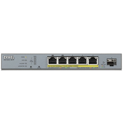 Коммутатор ZYXEL GS1350-6HP-EU0101F L2 PoE+ для IP-видеокамер 4xGE PoE+, 1xGE PoE++ (802.3bt), 1xSFP, бюджет PoE 60 Вт, дальность передачи питания до