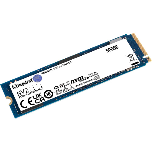 Твердотельный накопитель/ Kingston SSD NV2, 500GB, M.2(22x80mm), NVMe, PCIe 4.0 x4, 3D TLC, R/W 3500/2100MB/s, TBW 160, DWPD 0.3 (3 года)