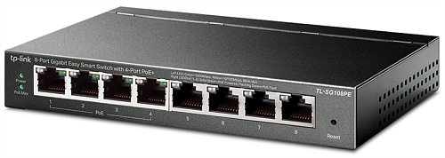 Коммутатор TP-Link 8-портовый гигабитный Easy Smart PoE-коммутатор, 8 гигабитных портов RJ45, 4 порта с поддержкой PoE, поддержка 802.3af, бюджет PoE до 55 Вт, с