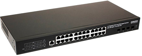 Коммутатор Gigabit Ethernet OSNOVO SW-24G4X-L2 Управляемый L2+ коммутатор Gigabit Ethernet на 28 портов. Порты: 24 x GE (10/100/1000Base-T) + 4 x 1G/1