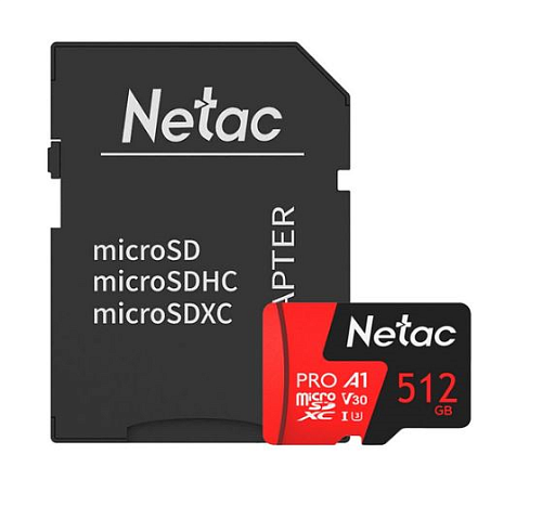 netac p500 extreme pro 512gb microsdxc v30/a1/c10 up to 100mb/s, retail pack with sd adapter
