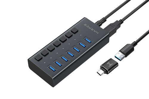 Корпус HARPER HUB-07MB Black USB-концентратор, Интерфейс: 7 х USB 3.2, 1, Переходник: USB 3.0 / Type-C, Скорость передачи данных: до 5 Гб/с, Материал корпуса