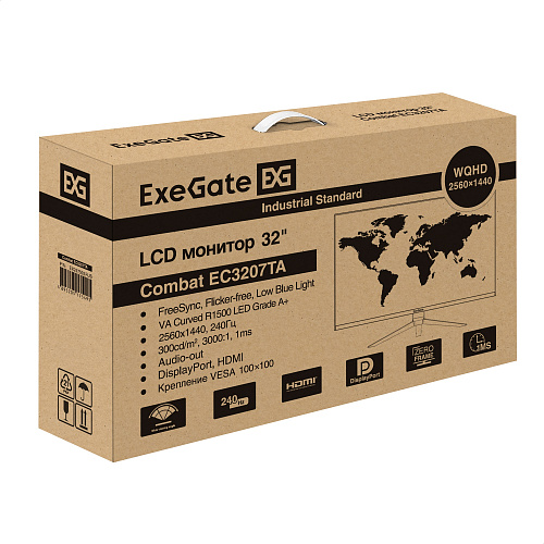 Монитор изогнутый игровой 240 Гц 31.5" ExeGate Combat EC3207TA (VA Curved R1500 LED Grade A+, 2K, 2560x1440@240Гц (WQHD), 16:9, 300cd/m2, 3000:1, 178°