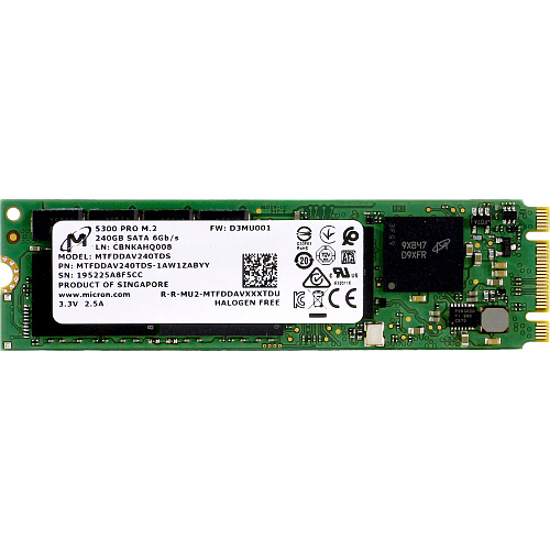 Накопитель CRUCIAL Твердотельный Micron SSD 5300 PRO, 240GB, M.2(22x80mm), SATA3, 3D TLC, R/W 540/310MB/s, IOPs 67 000/40 000, TBW 657, DWPD 1.5 (12 мес.)