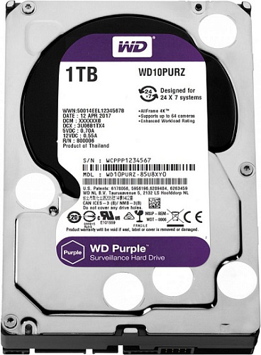 Жесткий диск WD Western Digital HDD SATA-III 1000Gb Purple WD10PURZ, IntelliPower, 64MB buffer (DV&NVR), 1 year
