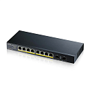 Коммутатор Коммутатор PoE+ Zyxel GS1100-10HP, 8xGE PoE+, 2xSFP, настольный, бесшумный, бюджет PoE 130 Вт, Kensigton lock