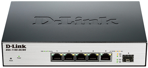 Коммутатор D-LINK Настраиваемый компактный EasySmart с 5 портами/ 5-ports UTP 10/100/1000Mbps + 1-port 1000Mbps SFP, Layer 2 EasySmart Gigabit Switch, 11"