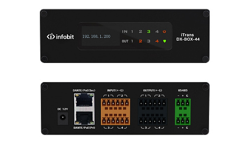 Конвертер Infobit [iTrans DX-BOX-44] Dante - аналог. 4 входа/4 выхода phoenix, 2xRJ45(Dante). встроенный аудиопроцессор (эквалайзер, компрессор, микше