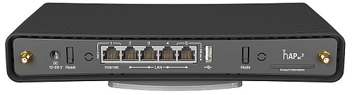 MikroTik hAP ac3 with 4-core 716 MHz CPU, 256MB RAM, 5 x Gigabit LAN (PoE-out on port#5), two wireless interfaces (built-in 2.4Ghz 802.11b/g/n two cha