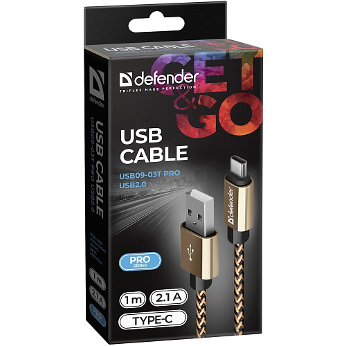Defender USB кабель USB09-03T PRO USB2.0 Золотой, AM-Type-C, 1m, 2.1A (87812)