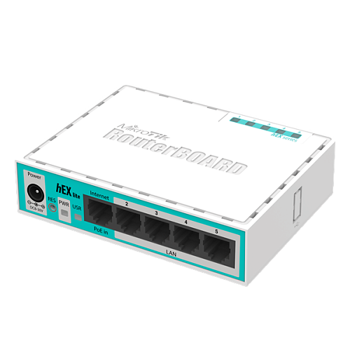 Маршрутизатор MIKROTIK hEX lite with 850MHz CPU, 64MB RAM, 5 LAN ports, RouterOS L4, plastic case, PSU