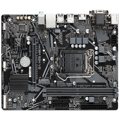 GIGABYTE H410M S2H V2, LGA1200, H470, 2*DDR4, D-Sub+DVI+HDMI, 4 SATA 6 Гб/с, M2, Audio, Gb LAN, USB 3.2, USB 2.0, COM*1 header, mATX