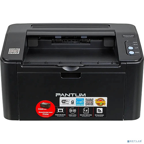 Pantum P2500W Принтер, Mono Laser, A4, 22стр/мин, 1200x1200 dpi, 128MB RAM, лоток 150 листов, USB, RJ45, Wi-Fi, черный корпус
