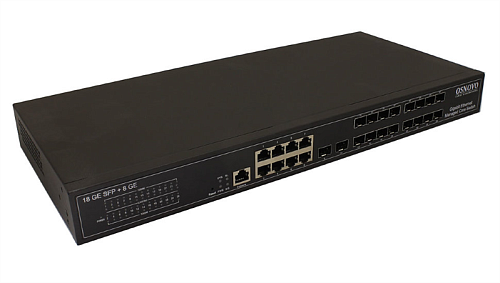 Коммутатор Gigabit Ethernet OSNOVO SW-70818/L2 Управляемый L2+ коммутатор Gigabit Ethernet на 18 x GE SFP + 8 x GE RJ45 портов. Порты: 18 x GE SFP (10