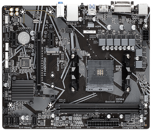 GIGABYTE A520M H, AM4, A520, 2*DDR4, DVI-D+HDMI, 4 SATA 6 Гб/с, M2, Audio, Gb LAN, USB 3.2, USB 2.0, COM*1 header, mATX