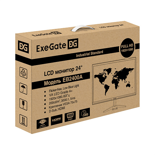 Монитор 24" ExeGate EB2400A (VA LED Grade A+, FHD, 1920x1080@75Гц, 16:9, 200cd/m2, 3000:1, 178°/178°, 5ms, D-Sub, HDMI, Flicker-free, Low Blue Light,