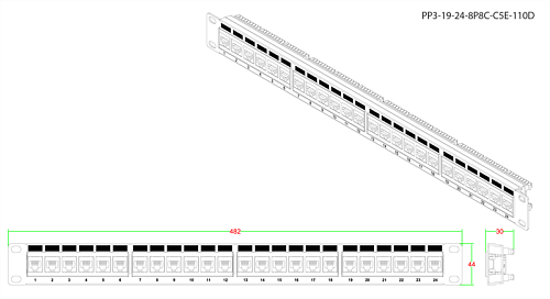 Hyperline PP3-19-24-8P8C-C5E-110D Патч-панель 19", 1U, 24 порта RJ-45, категория 5e, Dual IDC, ROHS, цвет черный