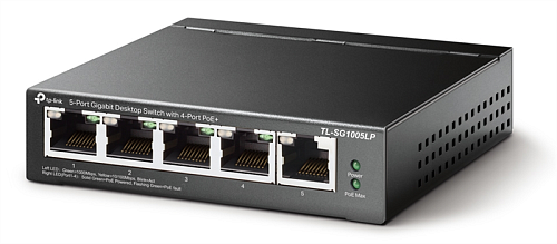Коммутатор TP-Link TL-SG1005LP, 5-портовый гигабитный неуправляемый с 4 портами PoE+, металлический корпус, настольная установка, бюджет PoE — 40 Вт.