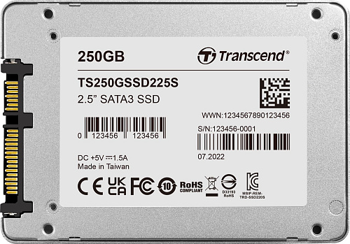 Твердотельный накопитель/ Transcend SSD SSD225S, 250GB, 2.5" 7mm, SATA3, R/W 500/330MB/s, IOPs 40 000/75 000, TBW 90, DWPD 0.3 (3 года)