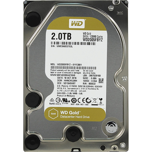 Жесткий диск/ HDD WD SATA3 2Tb Gold 7200 128mb 1 year warranty