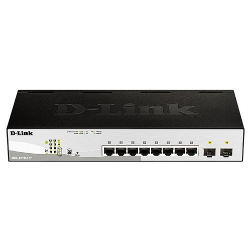 Коммутатор D-Link SMB D-Link DGS-1210-10P/F3A Настраиваемый L2 с 8 портами 10/100/1000Base-T и 2 портами 1000Base-X SFP (8 портов PoE 802.3af/at, PoE-бюджет 65 В