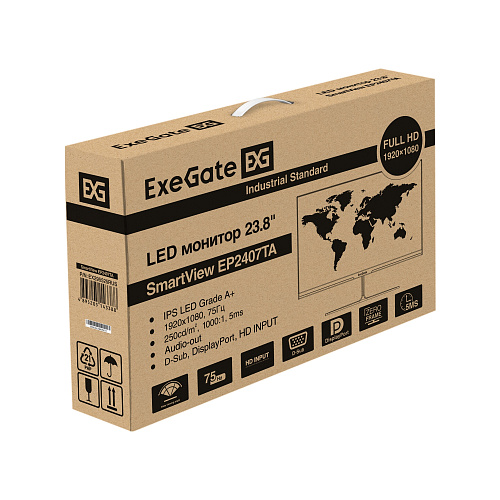 Монитор безрамочный с внутренним БП и аудио выходом 23.8" ExeGate SmartView EP2407TA (IPS LED Grade A+, FHD, 1920x1080@75Гц, 16:9, 250cd/m2, 1000:1, 1