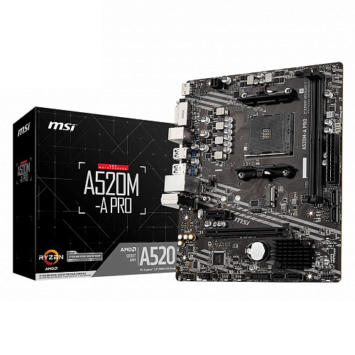 Материнская плата MSI A520M-A PRO A520, AM4, 2*DDR4, 1*PCIEx16, 1*PCIEx1, 1*M.2, 6*USB3.2Gen1, 6*USB2.0, 4*SATA3.0, 1G, DVI, HDMI, M-ATX, RTL
