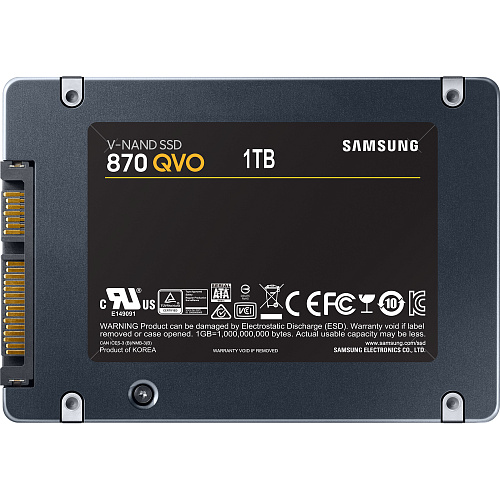 Твердотельные накопители/ Samsung SSD 870 QVO, 1000GB, 2.5" 7mm, SATA3, 4-bit MLC, R/W 560/530MB/s, IOPs 98 000/88 000, TBW 360, DWPD 0.33 (12 мес.)