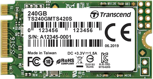 Твердотельный накопитель/ Transcend SSD 420S, 240GB, M.2(22x42mm), SATA3, 3D TLC, R/W 500/430MB/s, IOPs 40 000/75 000, TBW 80, DWPD 0.3 (3 года)