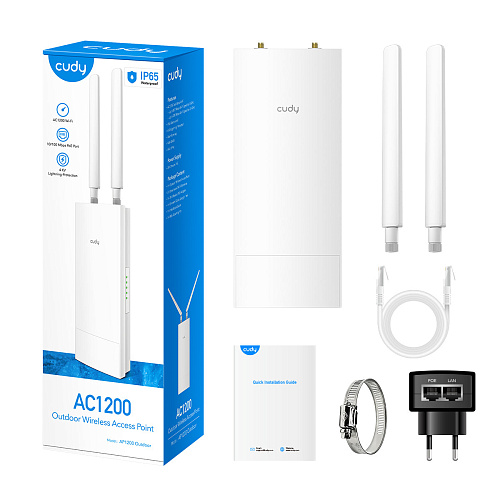 Точка доступа CUDY Точка доступа/ AC1200 WiFi Outdoor Access Point, Repeater, 867Mbps at 5GHz + 300Mbps at 2.4GHz, 1 x 100Mbps RJ45, 2 Detachable Antennas, 24V passive