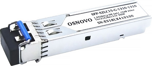 Oптический SFP модуль OSNOVO SFP-S2LC15-G-1310-1310 Оптический SFP Модуль. Два волокна Single Mode. Скорость: до 1,25 Гбит/c. Тип разъема: 2xLC. Оптич