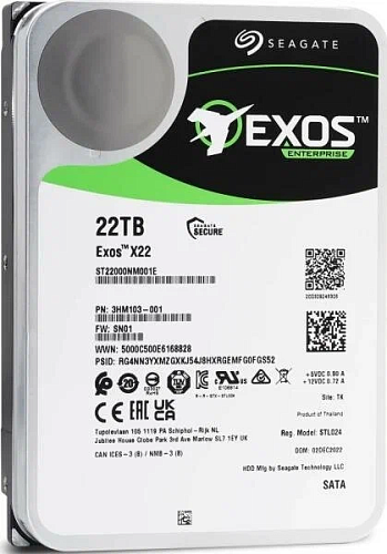 Жесткий диск SEAGATE Жесткий диск/ HDD SATA3 22Tb Exos X22 7200 512Mb 1 year warranty (replacement WUH722222ALE6L4, WD221KRYZ)