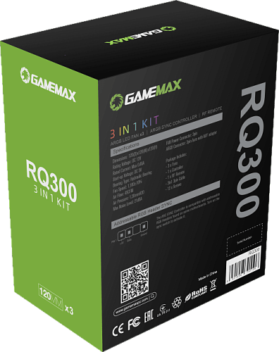 Комплект кулеров для корпуса ПК + контроллер вентиляторов/ Gamemax RQ300 kit, 3x12CM Rainbow ARGB fans, remote controller