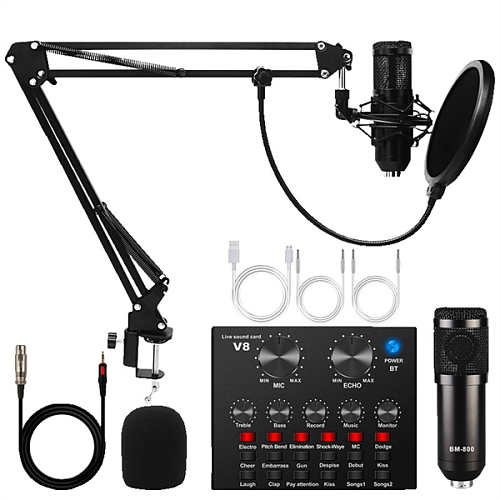 Condenser microphone with metal body, cantilever bracket, metal shock absorber, plastic filter, microphone cover, jack - xlr 1,5m, user manual, V8 sou