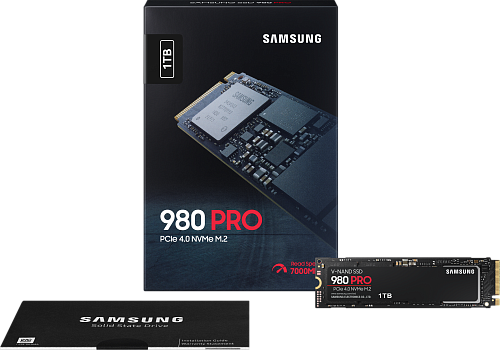 Твердотельные накопители/ Samsung SSD 980 PRO, 1000GB, M.2(22x80mm), NVMe 1.3c, PCIe 4.0 x4, 3-bit MLC, R/W 7000/5000MB/s, IOPs 1 000 000/1 000 000,