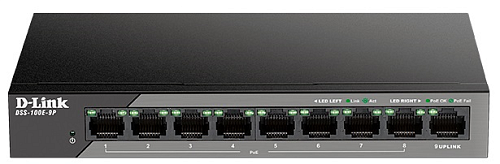 D-Link DSS-100E-9P/A1A, L2 Unmanaged Surveillance Switch with 8 10/100Base-TX ports and 110/100/1000Base-T port(8 PoE ports 802.3af/802.3at (30 W), Po