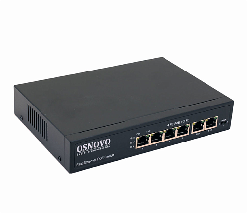 PoE Коммутатор OSNOVO SW-20600(80W) PoE коммутатор Fast Ethernet на 6 RJ45 портов. Порты: 1 x FE (10/100Base-T) с PoE (до 60W, A+B) + 3 x FE (10/100Ba
