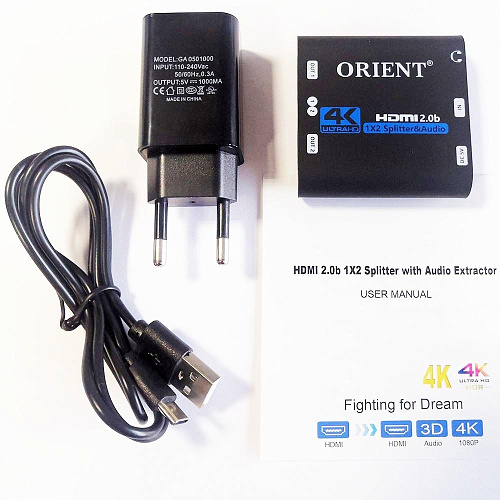 ORIENT HSP0102AH-2.0, HDMI разветвитель 1->2 с аналоговым аудиовыходом, UHD 4K/60Гц (3840x2160) YUV 4:4:4, HDR, HDMI 2.0b, 18 Гбит/с, HDCP2.2, аудио в