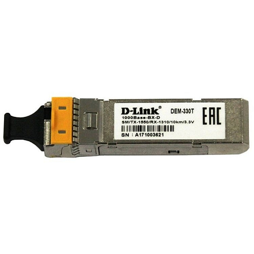 D-Link 330T/10KM/A1A WDM SFP-трансивер с 1 портом 1000Base-BX-D (Tx:1550 нм, Rx:1310 нм) для одномодового оптического кабеля (до 10 км, разъем Simplex
