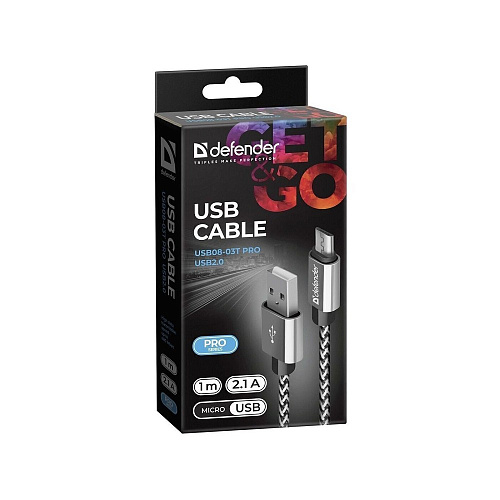 Defender USB кабель USB08-03T PRO USB2.0 Белый, AM-MicroBM, 1m, 2.1A (87803)