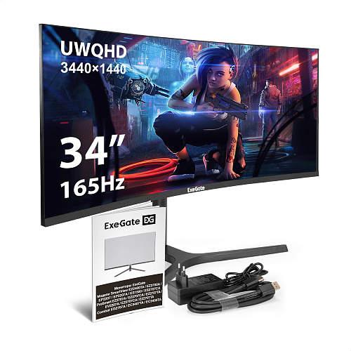 Монитор изогнутый игровой 165 Гц 34" ExeGate Combat EC3400TA (VA Curved R1800 LED Grade A+, UltraWide QHD 3440x1440@165Гц, 21:9, 300cd/m2, 4000:1, 178
