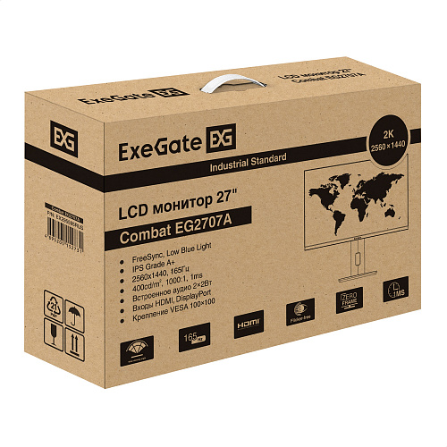 Монитор игровой 165 Гц 27" ExeGate Combat EG2707A (IPS LED Grade A+, 2K, 2560x1440@165Гц (WQHD), 16:9, 400cd/m2, 1000:1, 178°/178°, 1ms, Speakers, 2xH